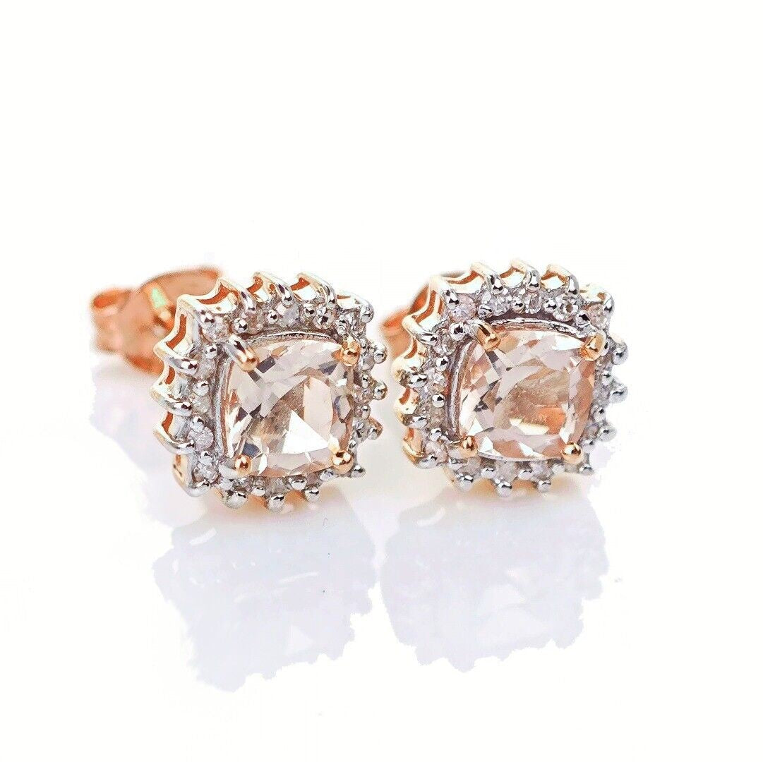 9ct Morganite Diamond Earrings Studs Rose Gold Pink 1.04 ct Natural Gemstone