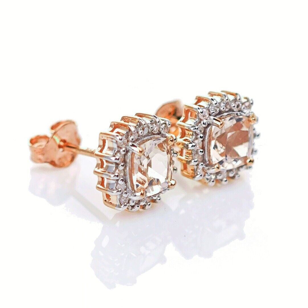 9ct Morganite Diamond Earrings Studs Rose Gold Pink 1.04 ct Natural Gemstone