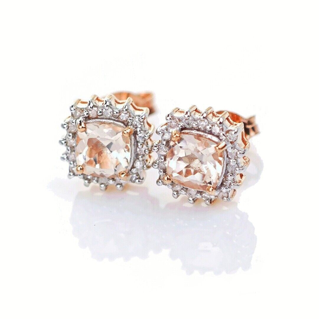 9ct Morganite Diamond Earrings Studs Rose Gold Pink 1.04 ct Natural Gemstone