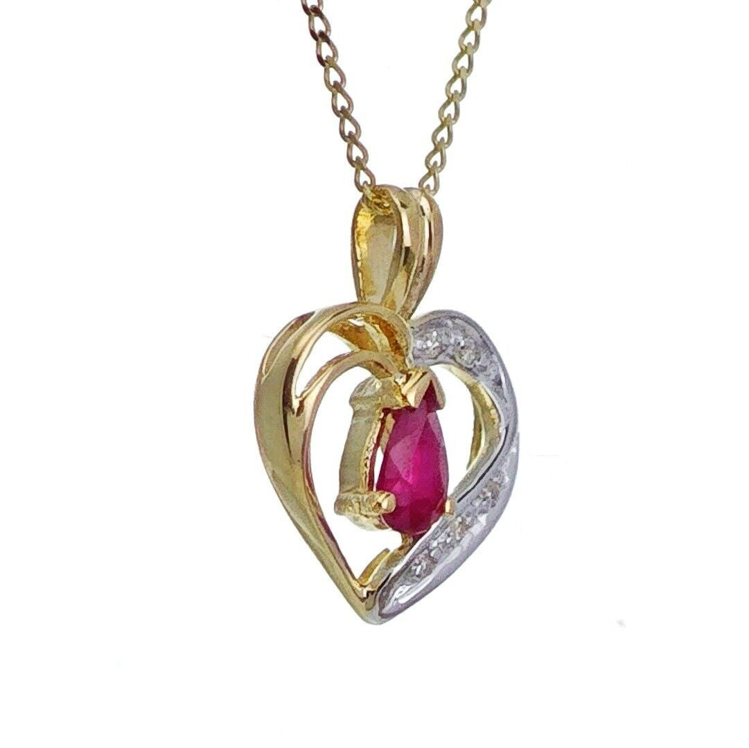 9ct Ruby Diamond Necklace Yellow Gold Heart 0.29ct Red Pear Natural Gemstone