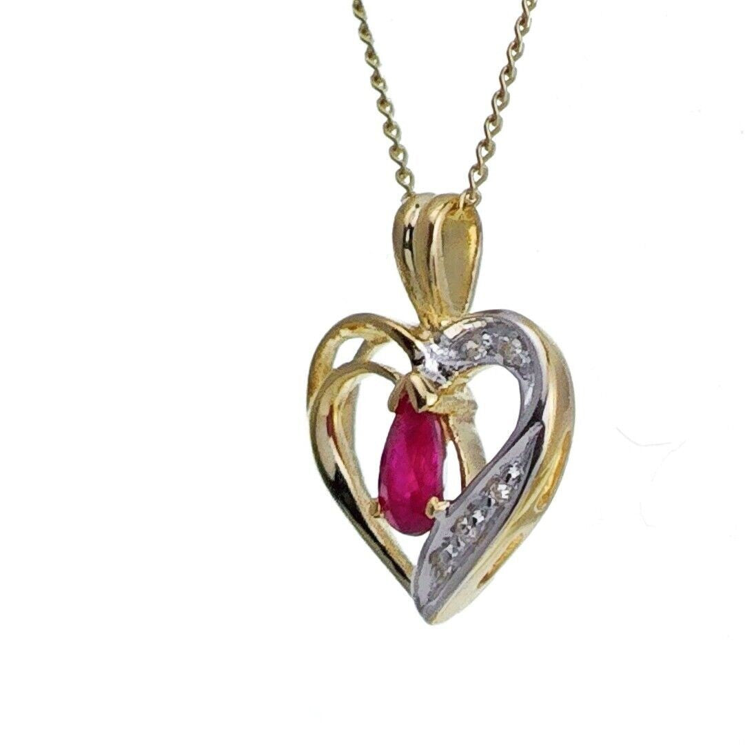 9ct Ruby Diamond Necklace Yellow Gold Heart 0.29ct Red Pear Natural Gemstone