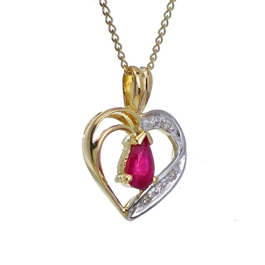 9ct Ruby Diamond Necklace Yellow Gold Heart 0.29ct Red Pear Natural Gemstone