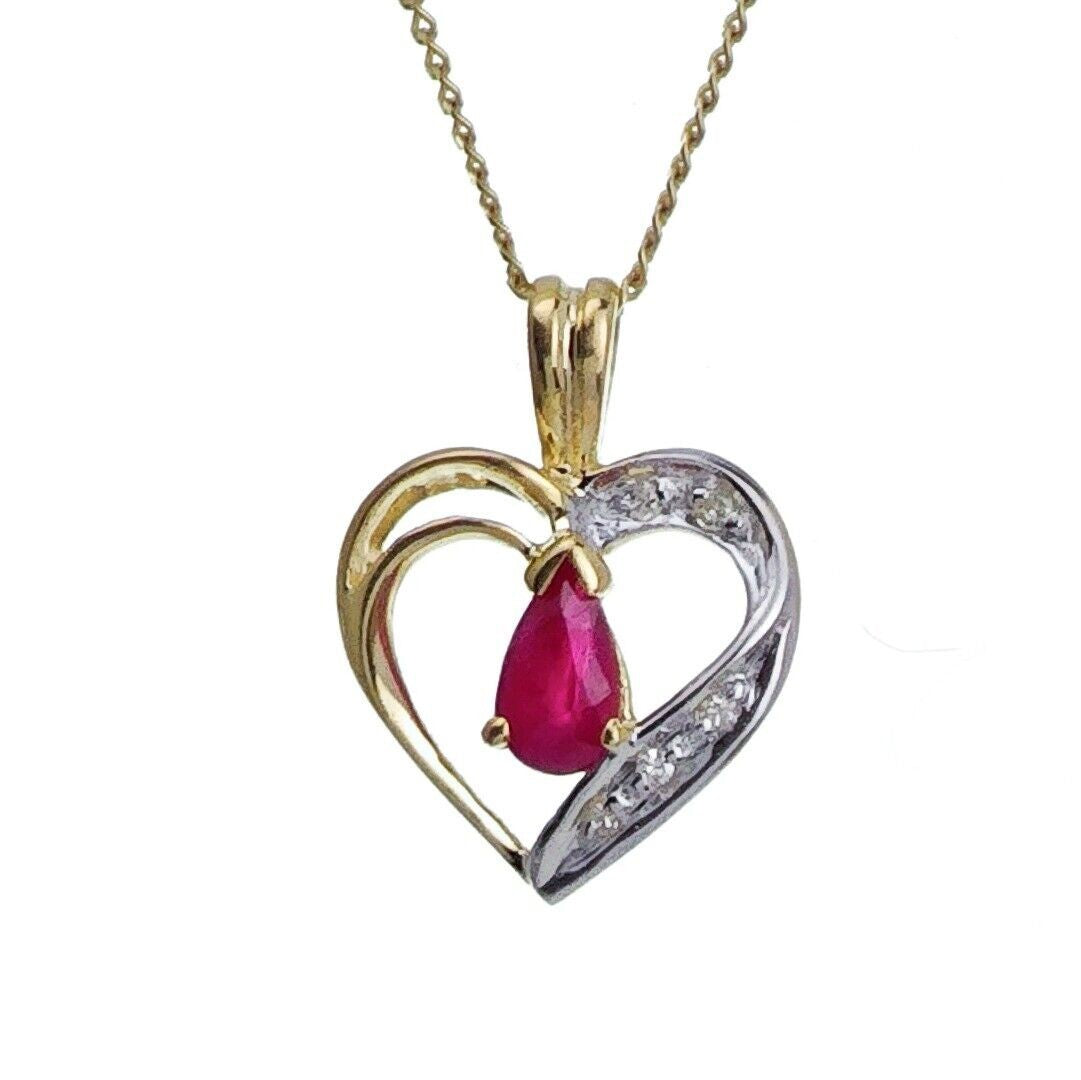 9ct Ruby Diamond Necklace Yellow Gold Heart 0.29ct Red Pear Natural Gemstone
