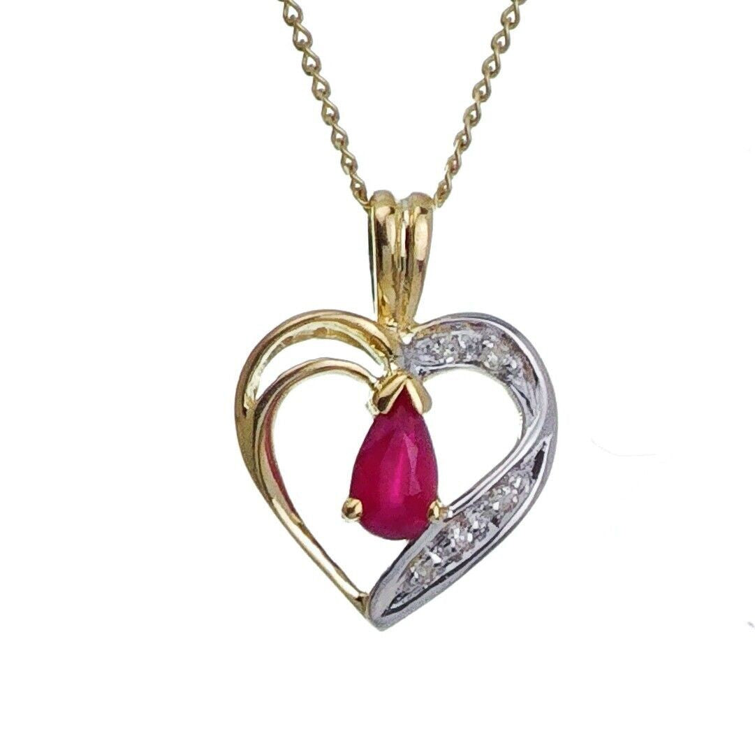 9ct Ruby Diamond Necklace Yellow Gold Heart 0.29ct Red Pear Natural Gemstone