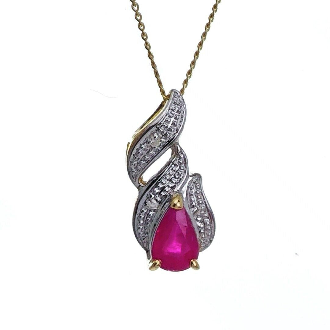 9ct Ruby Diamond Necklace Yellow Gold 0.35ct Red Pearl Natural Gemstone