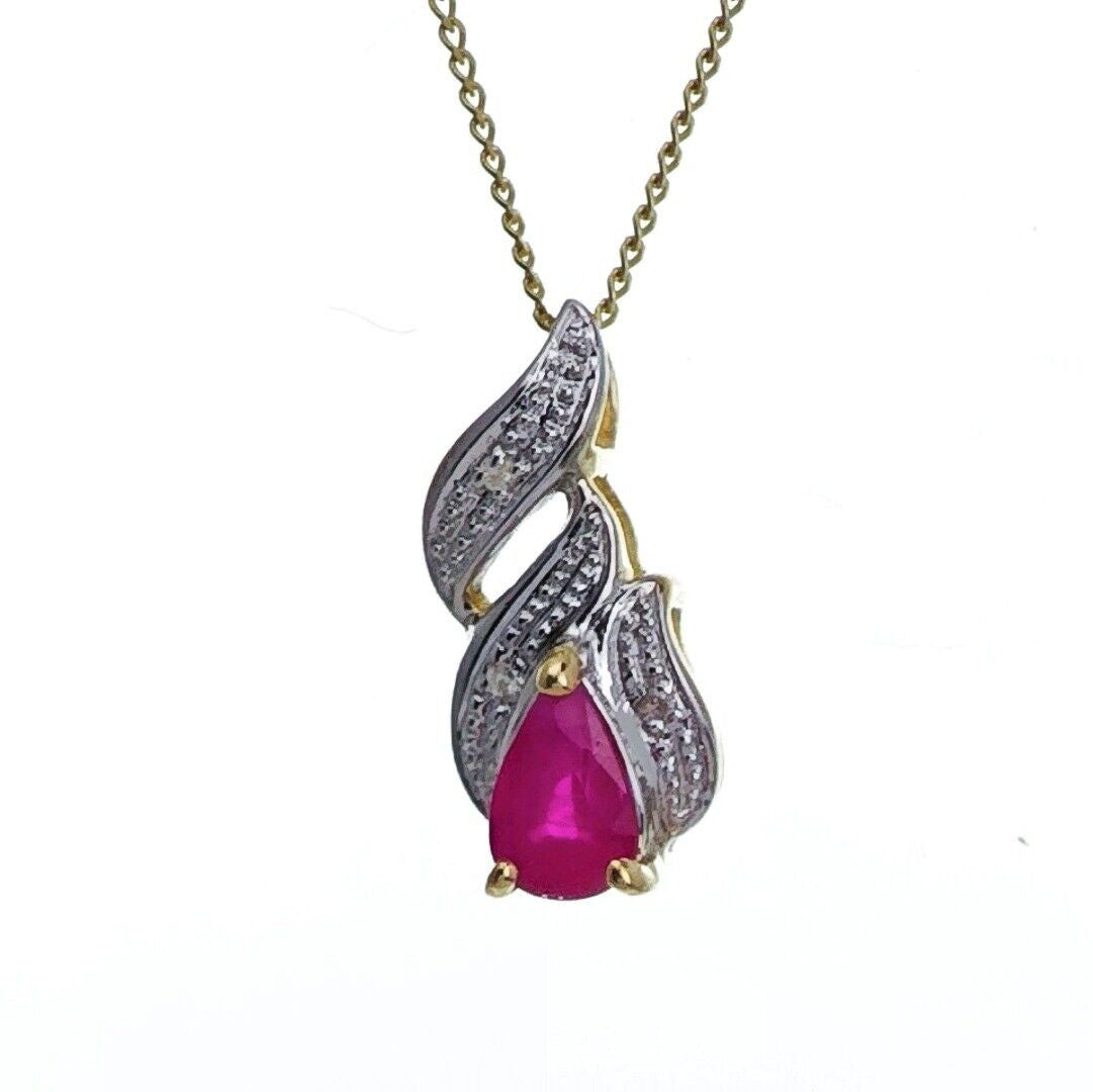 9ct Ruby Diamond Necklace Yellow Gold 0.35ct Red Pearl Natural Gemstone