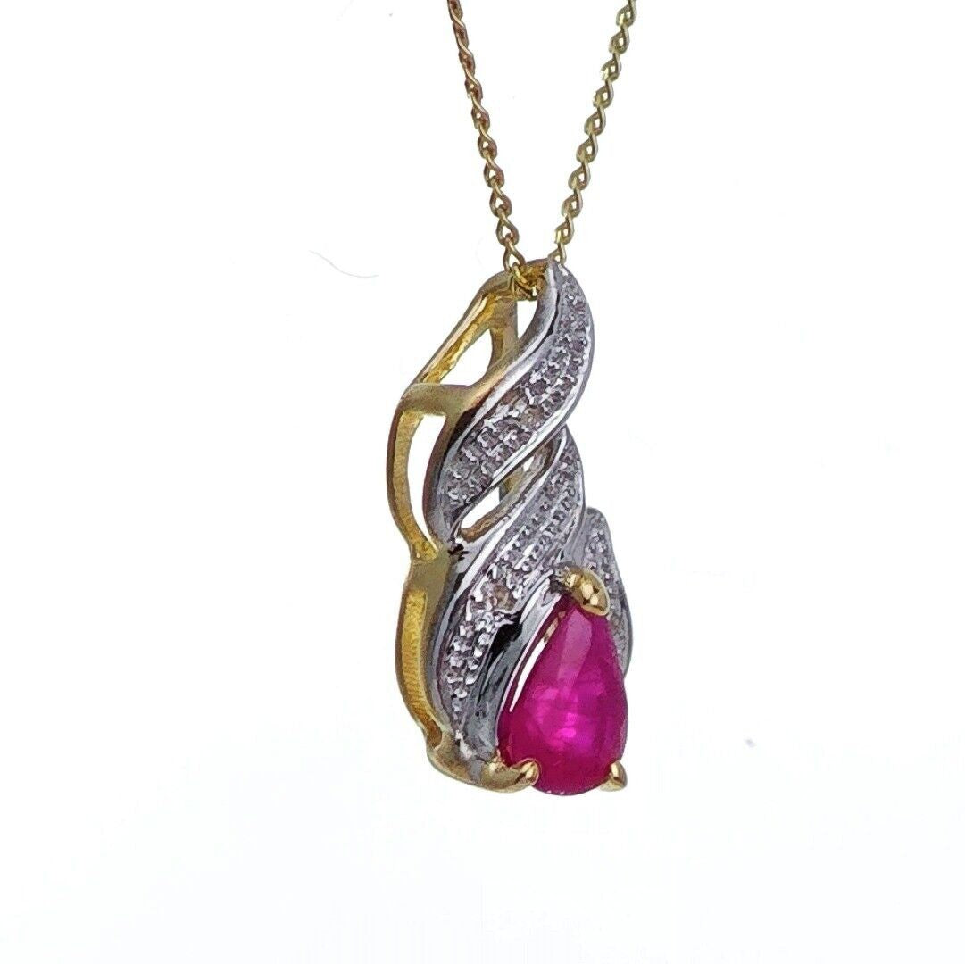 9ct Ruby Diamond Necklace Yellow Gold 0.35ct Red Pearl Natural Gemstone