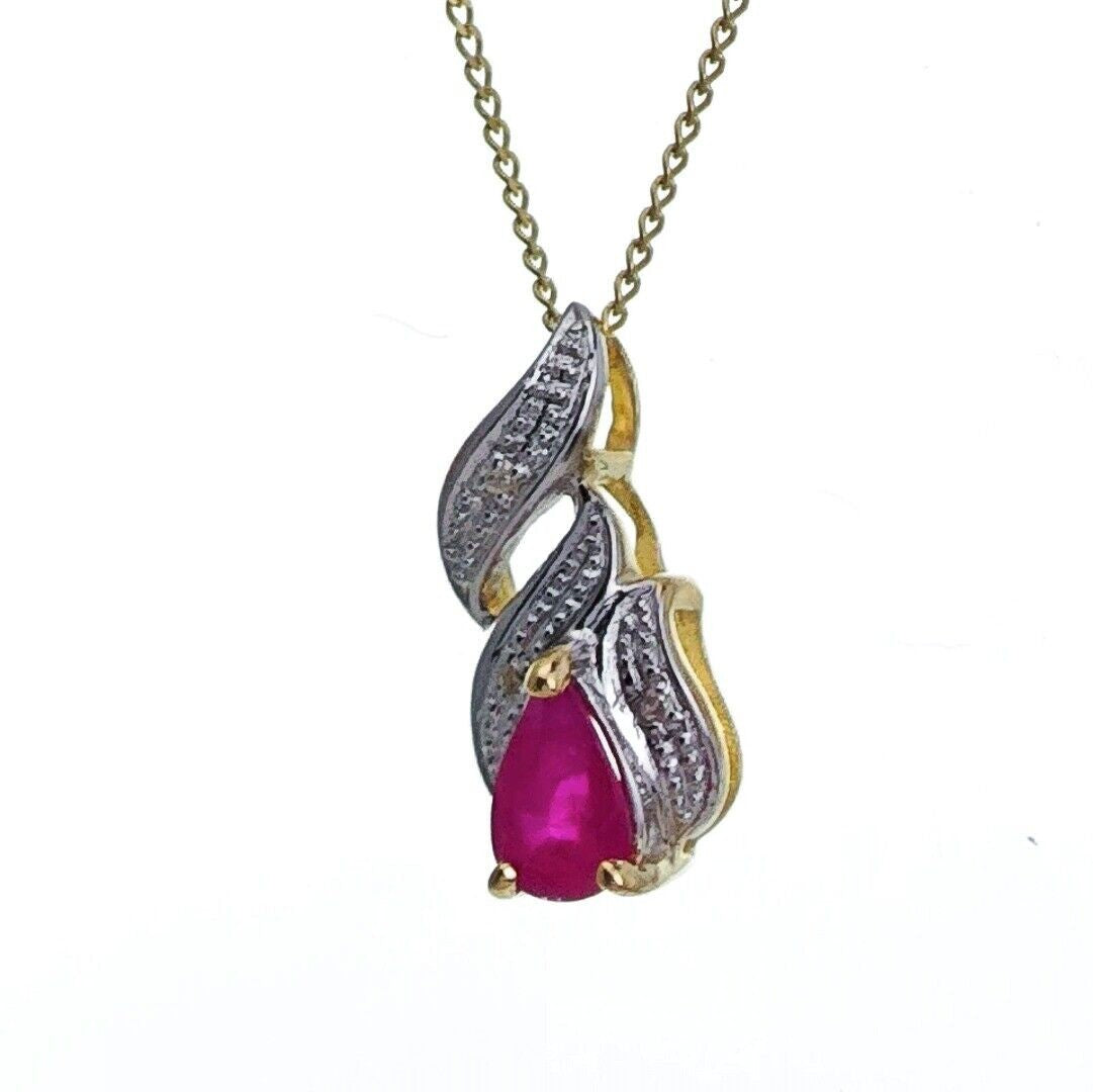 9ct Ruby Diamond Necklace Yellow Gold 0.35ct Red Pearl Natural Gemstone