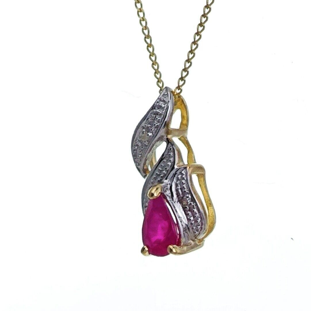 9ct Ruby Diamond Necklace Yellow Gold 0.35ct Red Pearl Natural Gemstone