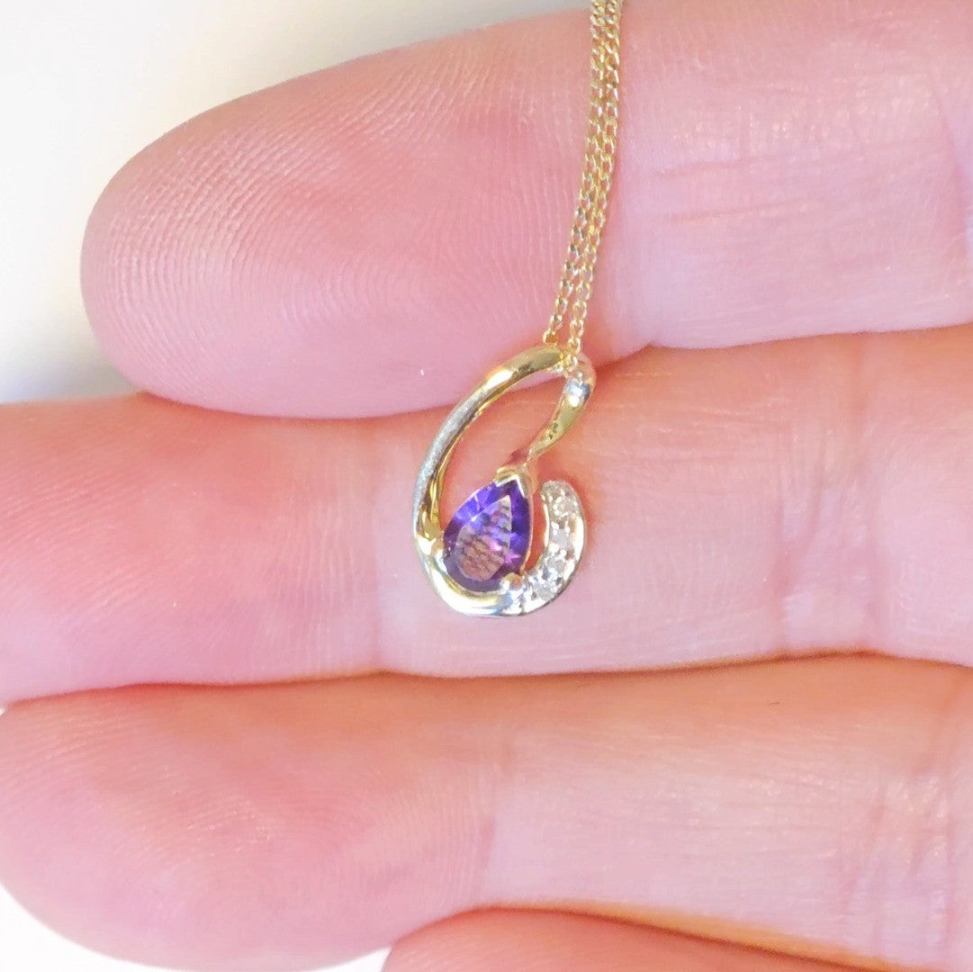 9ct Amethyst Necklace Yellow Gold 0.37ct Purple Pear Natural Gemstone