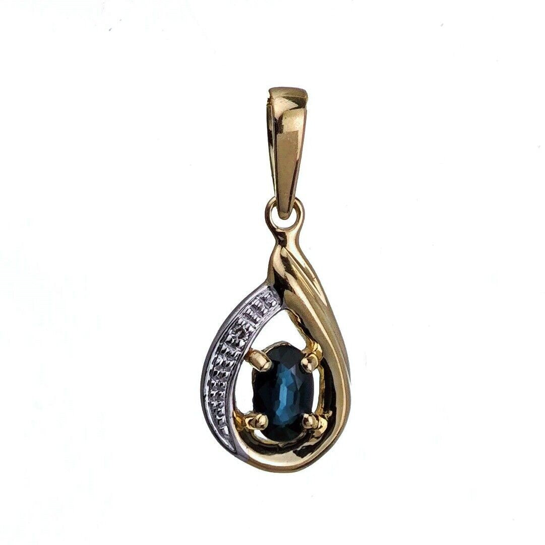 9ct Sapphire Diamond Necklace Yellow Gold 0.6ct Blue Oval Natural Gemstone