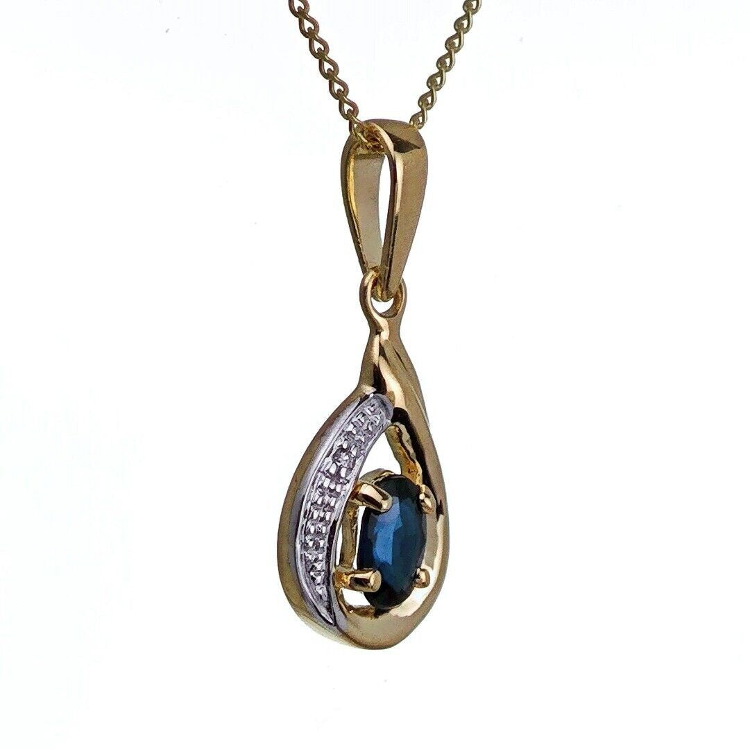 9ct Sapphire Diamond Necklace Yellow Gold 0.6ct Blue Oval Natural Gemstone