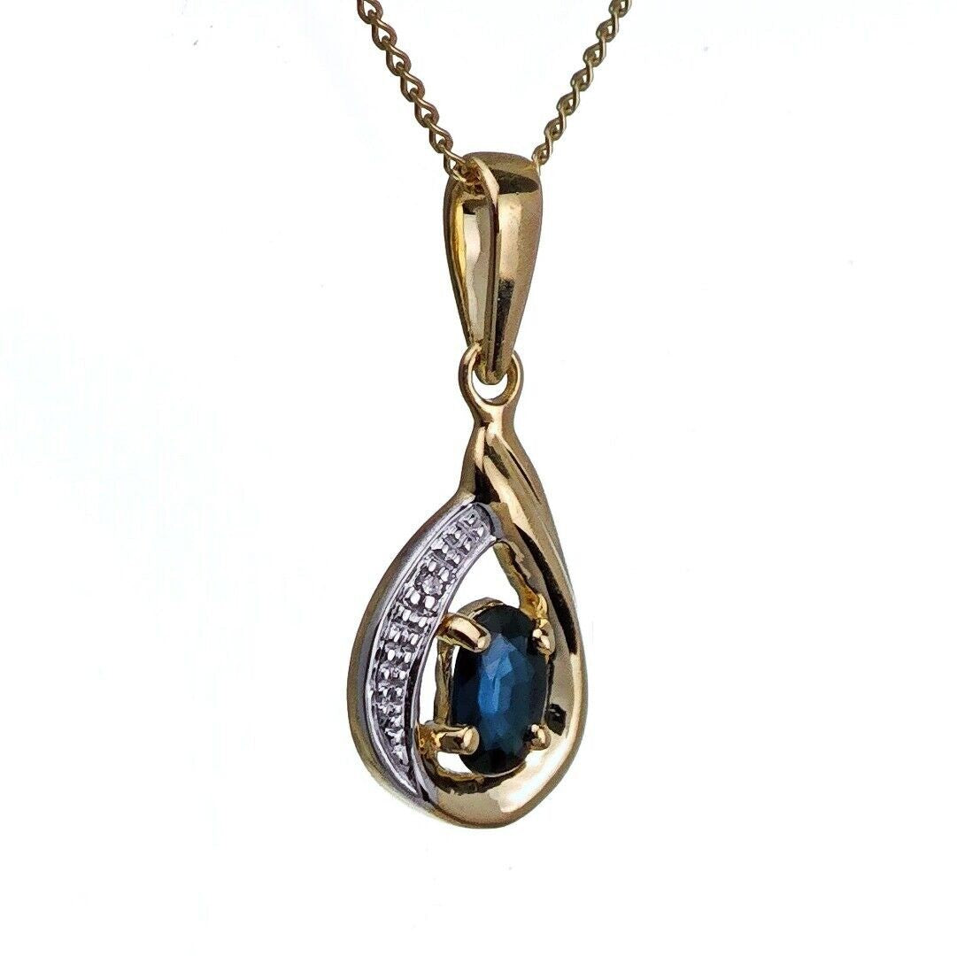 9ct Sapphire Diamond Necklace Yellow Gold 0.6ct Blue Oval Natural Gemstone