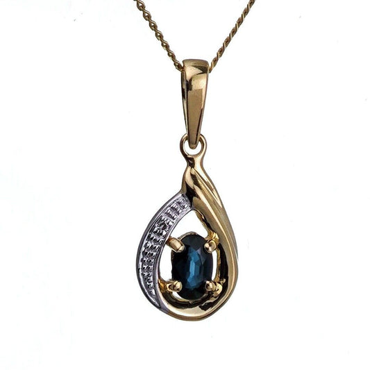 9ct Sapphire Diamond Necklace Yellow Gold 0.6ct Blue Oval Natural Gemstone