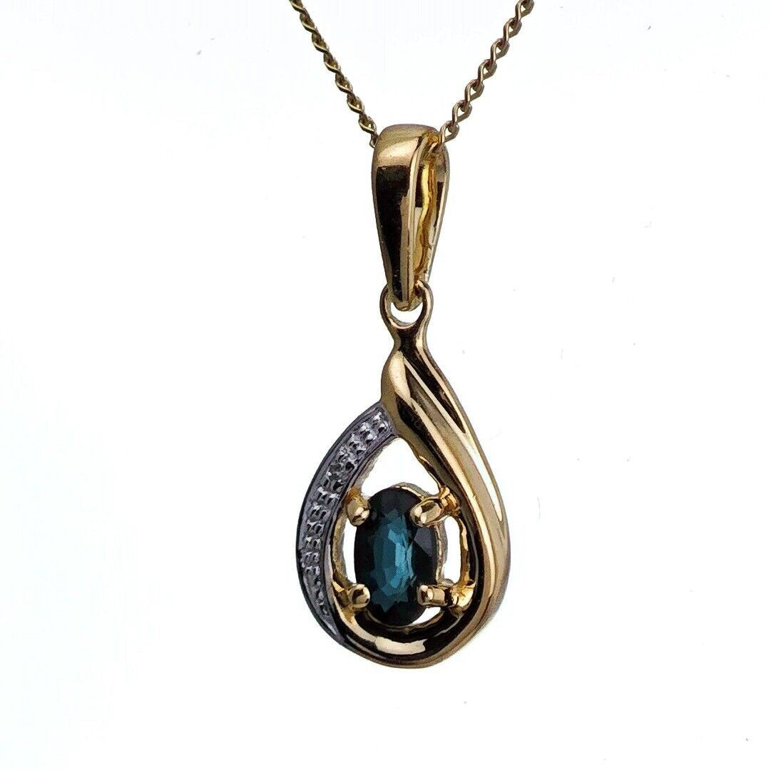 9ct Sapphire Diamond Necklace Yellow Gold 0.6ct Blue Oval Natural Gemstone
