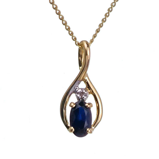 9ct Sapphire Diamond Necklace Yellow Gold 0.28ct Blue Oval Natural Gemstone