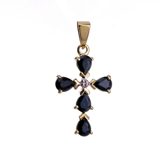 9ct Sapphire Cross Necklace SMALL Diamond Yellow Gold 0.92ct Blue Pear Natural Gemstone