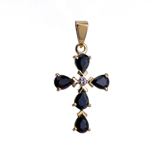 9ct Sapphire Cross Necklace SMALL Diamond Yellow Gold 0.92ct Blue Pear Natural Gemstone