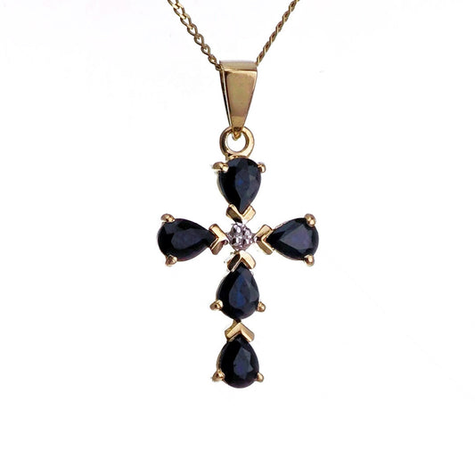 9ct Sapphire Cross Necklace SMALL Diamond Yellow Gold 0.92ct Blue Pear Natural Gemstone