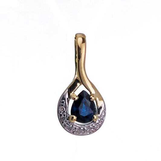 9ct Sapphire Diamond Necklace Yellow Gold 0.42ct Blue Pear Natural Gemstone