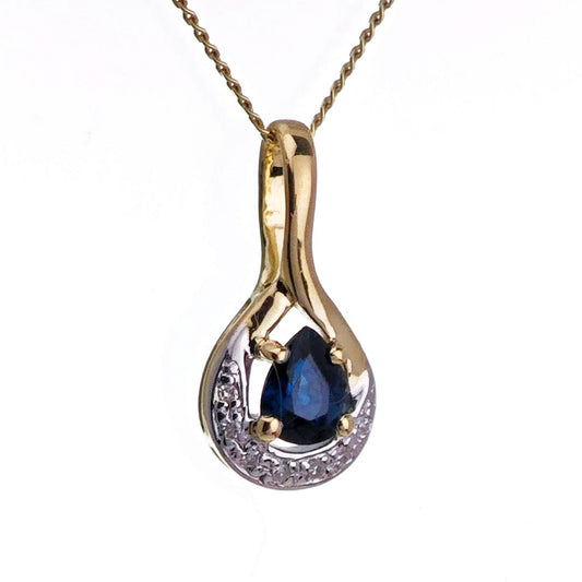 9ct Sapphire Diamond Necklace Yellow Gold 0.42ct Blue Pear Natural Gemstone