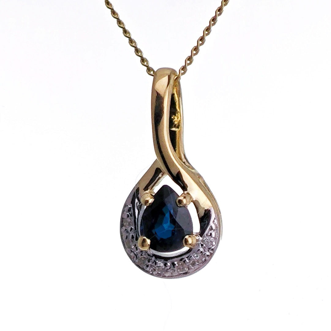 9ct Sapphire Diamond Necklace Yellow Gold 0.42ct Blue Pear Natural Gemstone