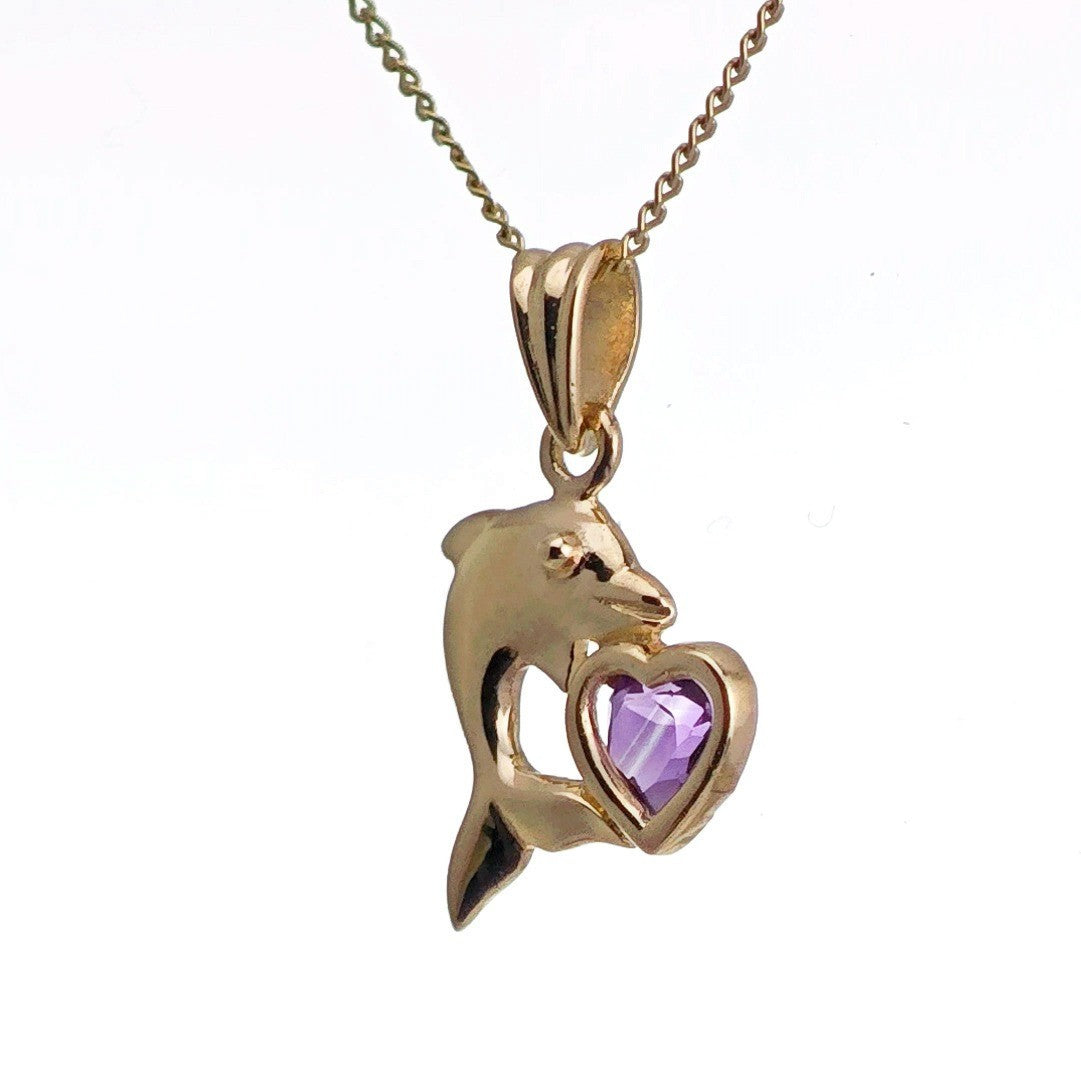 9ct Amethyst Dolphin Necklace Yellow Gold Heart 0.19ct Purple Heart Natural Gemstone