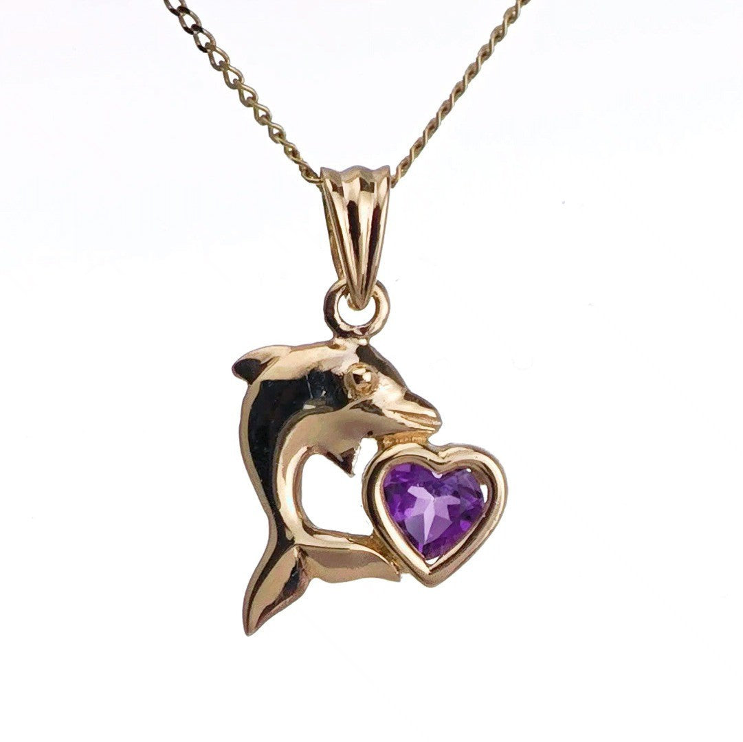 9ct Amethyst Dolphin Necklace Yellow Gold Heart 0.19ct Purple Heart Natural Gemstone
