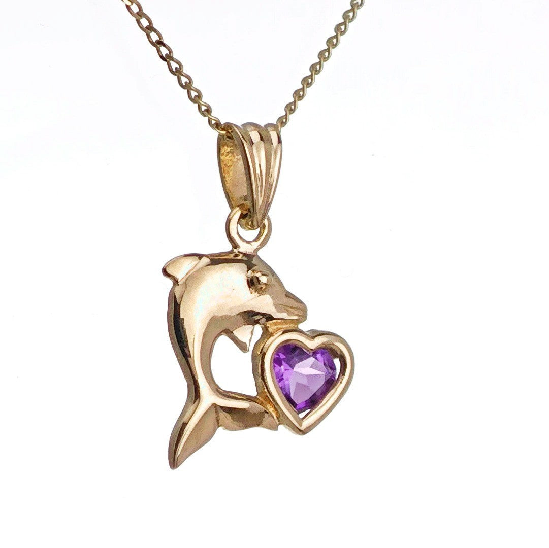 9ct Amethyst Dolphin Necklace Yellow Gold Heart 0.19ct Purple Heart Natural Gemstone