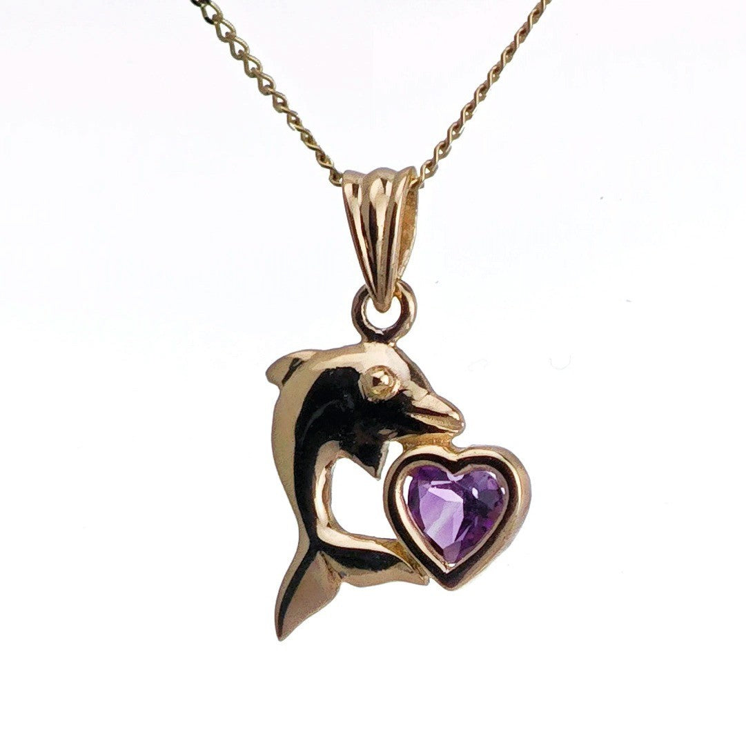 9ct Amethyst Dolphin Necklace Yellow Gold Heart 0.19ct Purple Heart Natural Gemstone