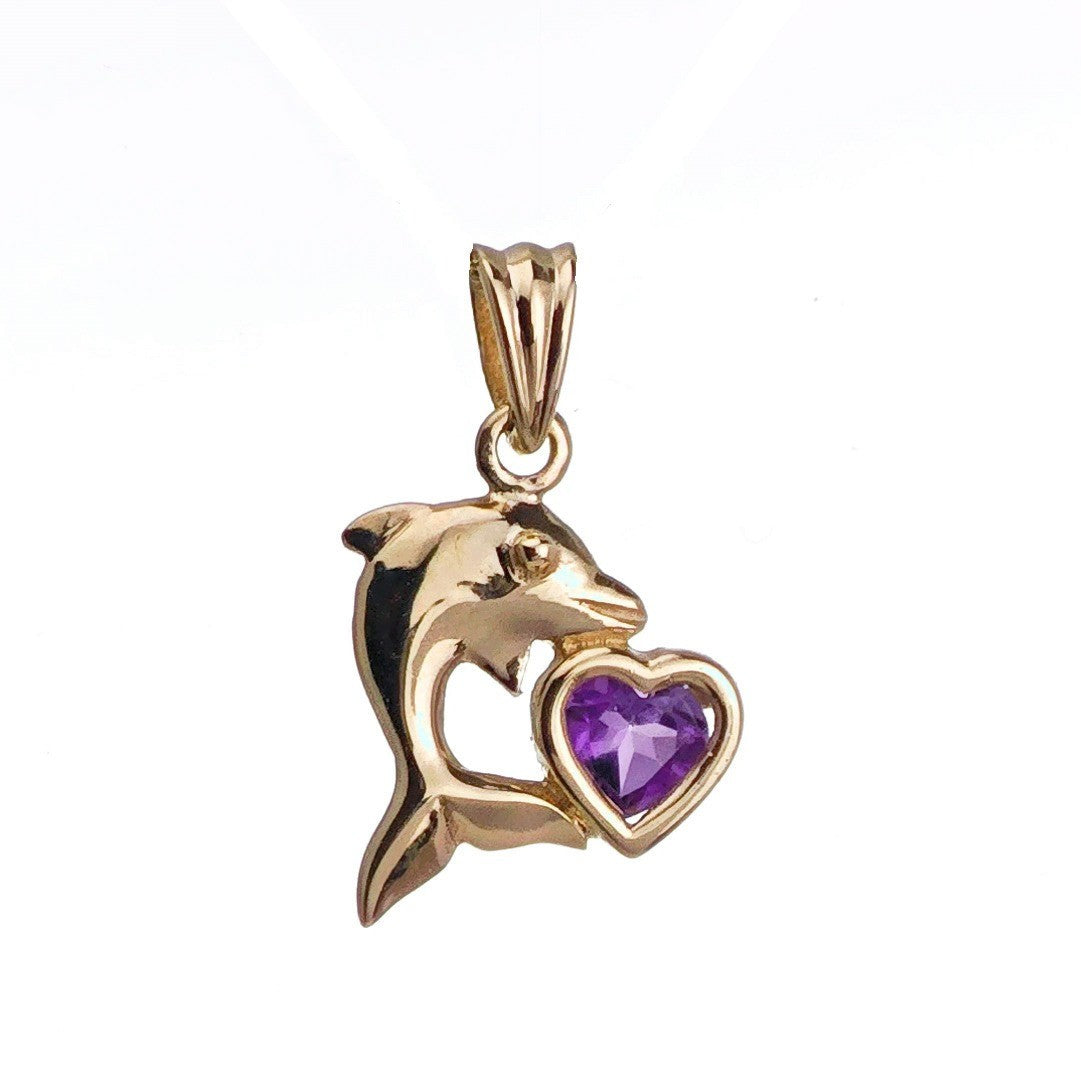 9ct Amethyst Dolphin Necklace Yellow Gold Heart 0.19ct Purple Heart Natural Gemstone