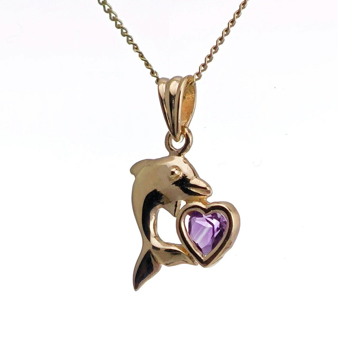9ct Amethyst Dolphin Necklace Yellow Gold Heart 0.19ct Purple Heart Natural Gemstone