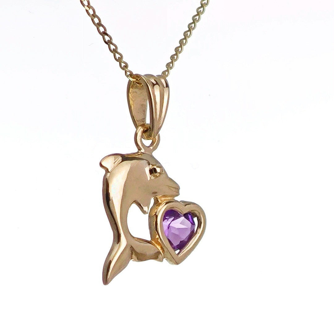 9ct Amethyst Dolphin Necklace Yellow Gold Heart 0.19ct Purple Heart Natural Gemstone