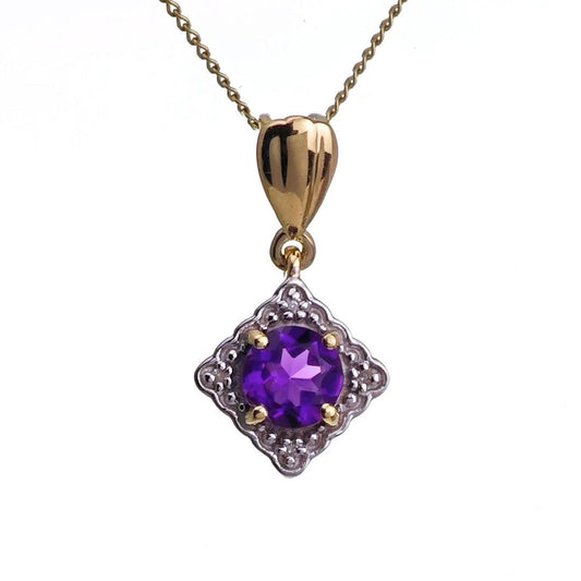 9ct amethyst necklace yellow gold 0.6ct purple round natural gemstone designed in the UK