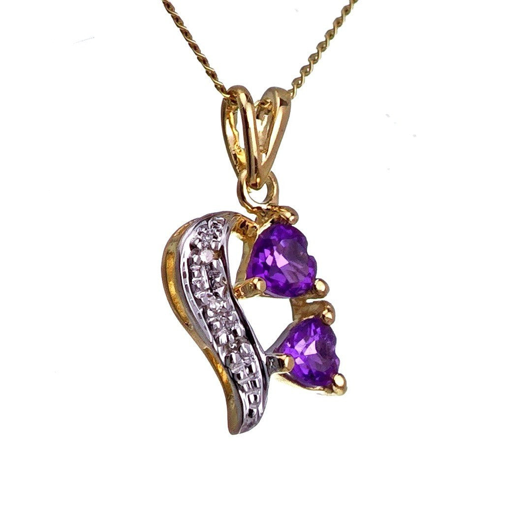 9ct Amethyst Hearts Necklace Yellow Gold 0.34ct Purple