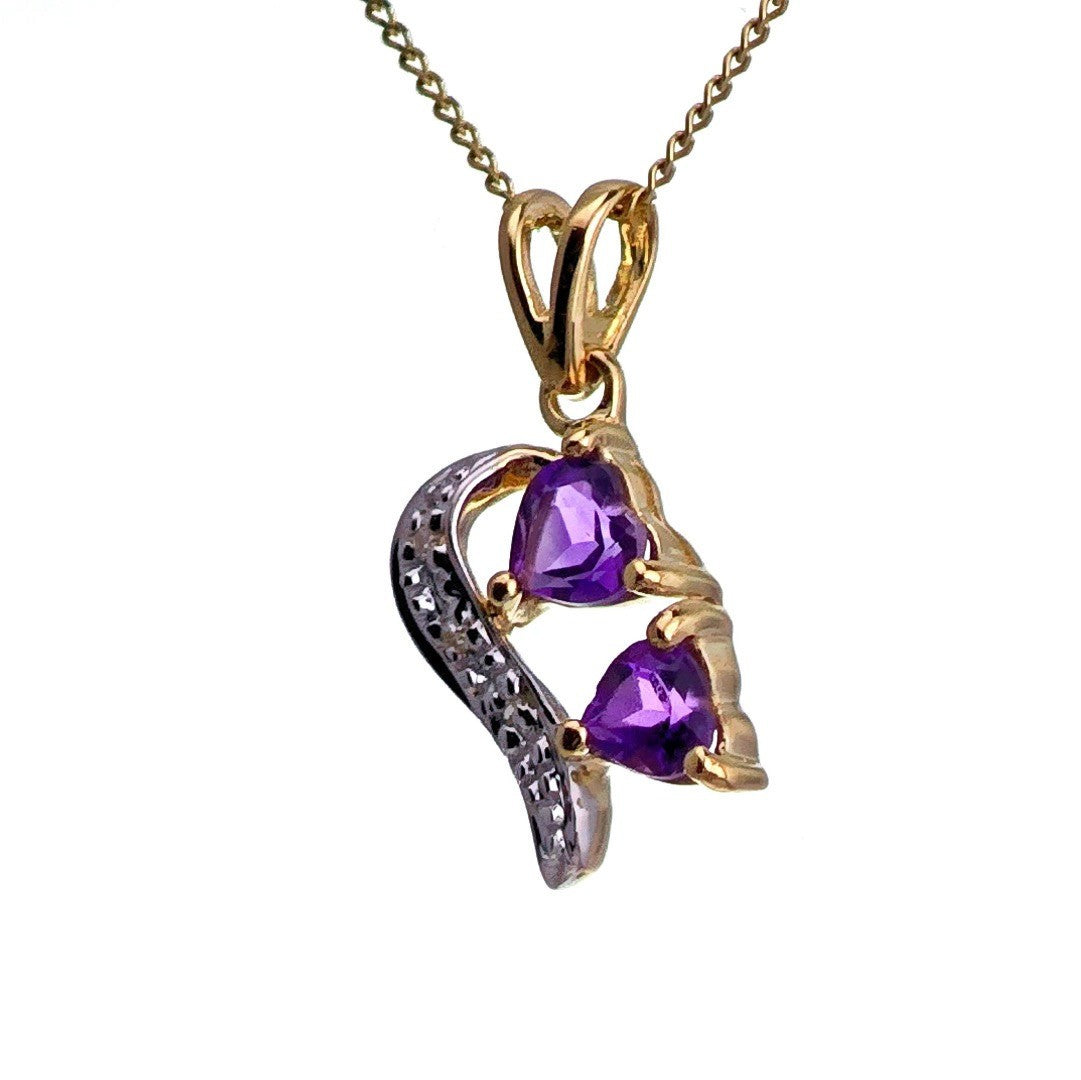 9ct Amethyst Hearts Necklace Yellow Gold 0.34ct Purple