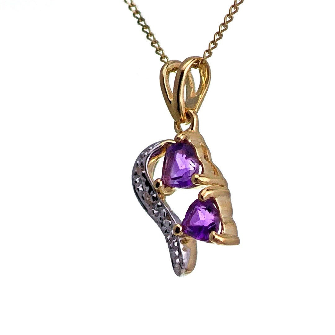 9ct Amethyst Hearts Necklace Yellow Gold 0.34ct Purple
