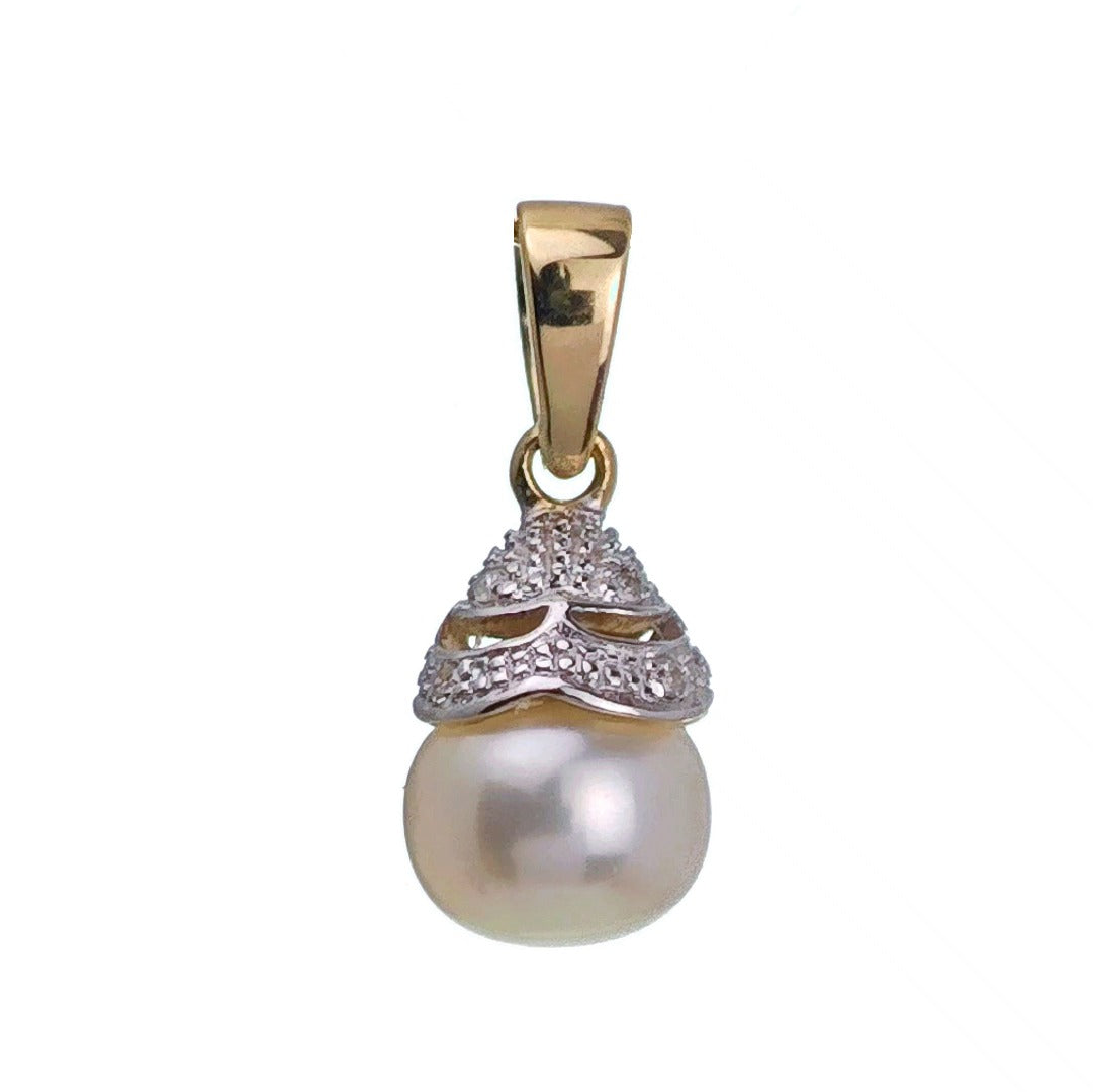 9ct Pearl Diamond Necklace Yellow Gold White Round Natural Gemstone