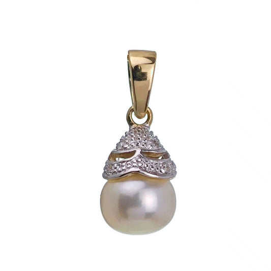 9ct Pearl Diamond Necklace Yellow Gold White Round Natural Gemstone