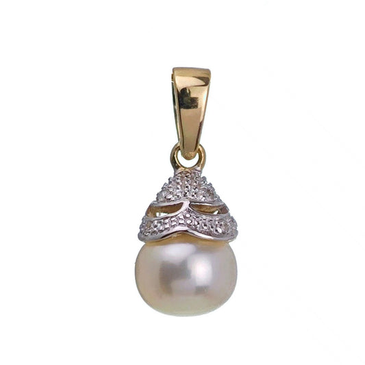 9ct Pearl Diamond Necklace Yellow Gold White Round Natural Gemstone