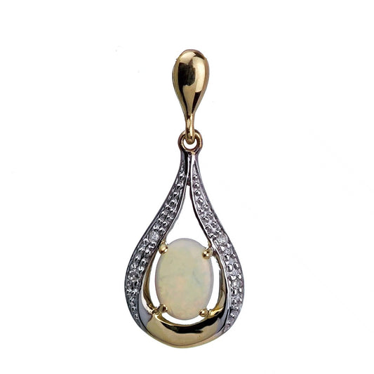 9ct Opal Diamond Necklace Yellow Gold 0.41ct White Oval Natural Gemstone
