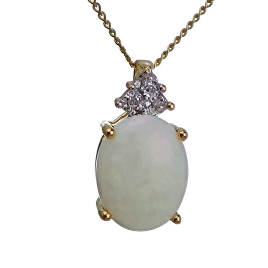 9ct Opal Diamond Necklace Yellow Gold 1.42ct White Oval Natural Gemstone