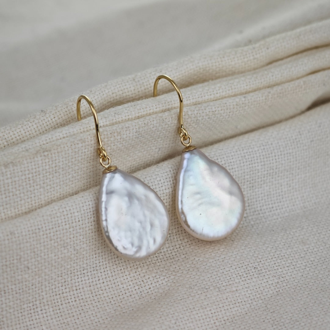 9ct Pearl Dangle Earrings 19mm Ivory Keshi Pear Handmade UK