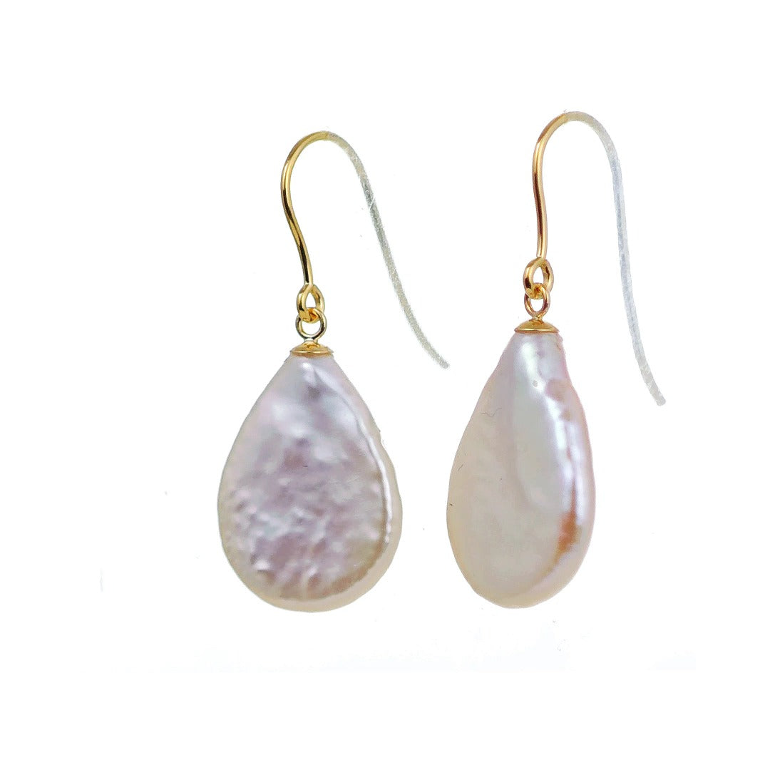 9ct Pearl Dangle Earrings 19mm Ivory Keshi Pear Handmade UK