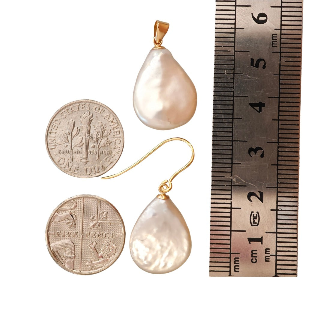 9ct Pearl Dangle Earrings 19mm Ivory Keshi Pear Handmade UK