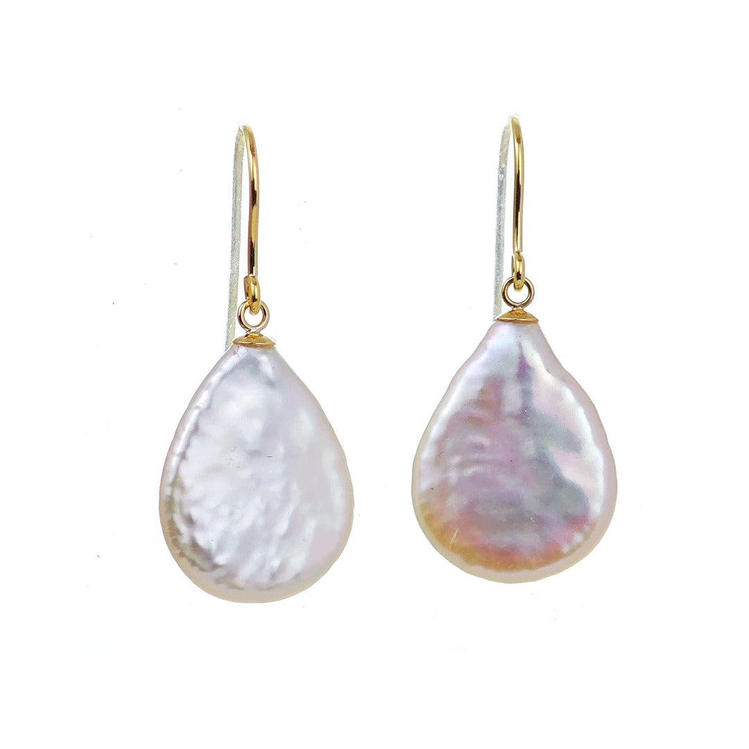 9ct Pearl Dangle Earrings 19mm Ivory Keshi Pear Handmade UK