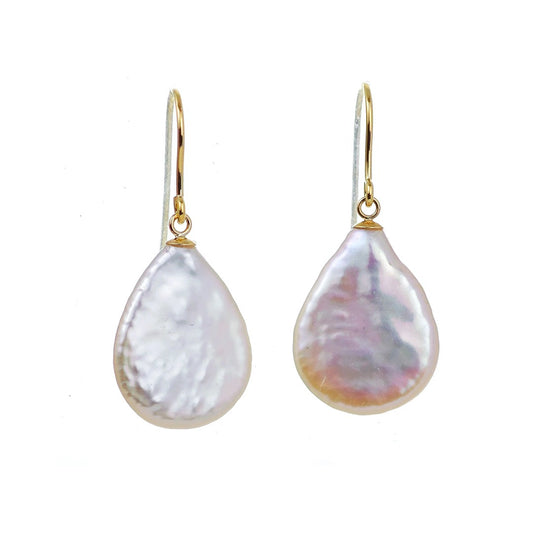 9ct Pearl Dangle Earrings 19mm Ivory Keshi Pear Handmade UK
