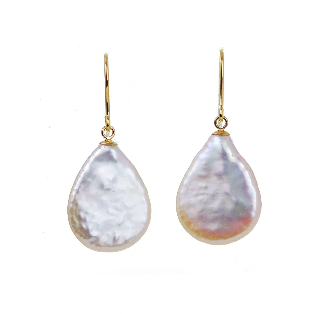 9ct Pearl Dangle Earrings 19mm Ivory Keshi Pear Handmade UK