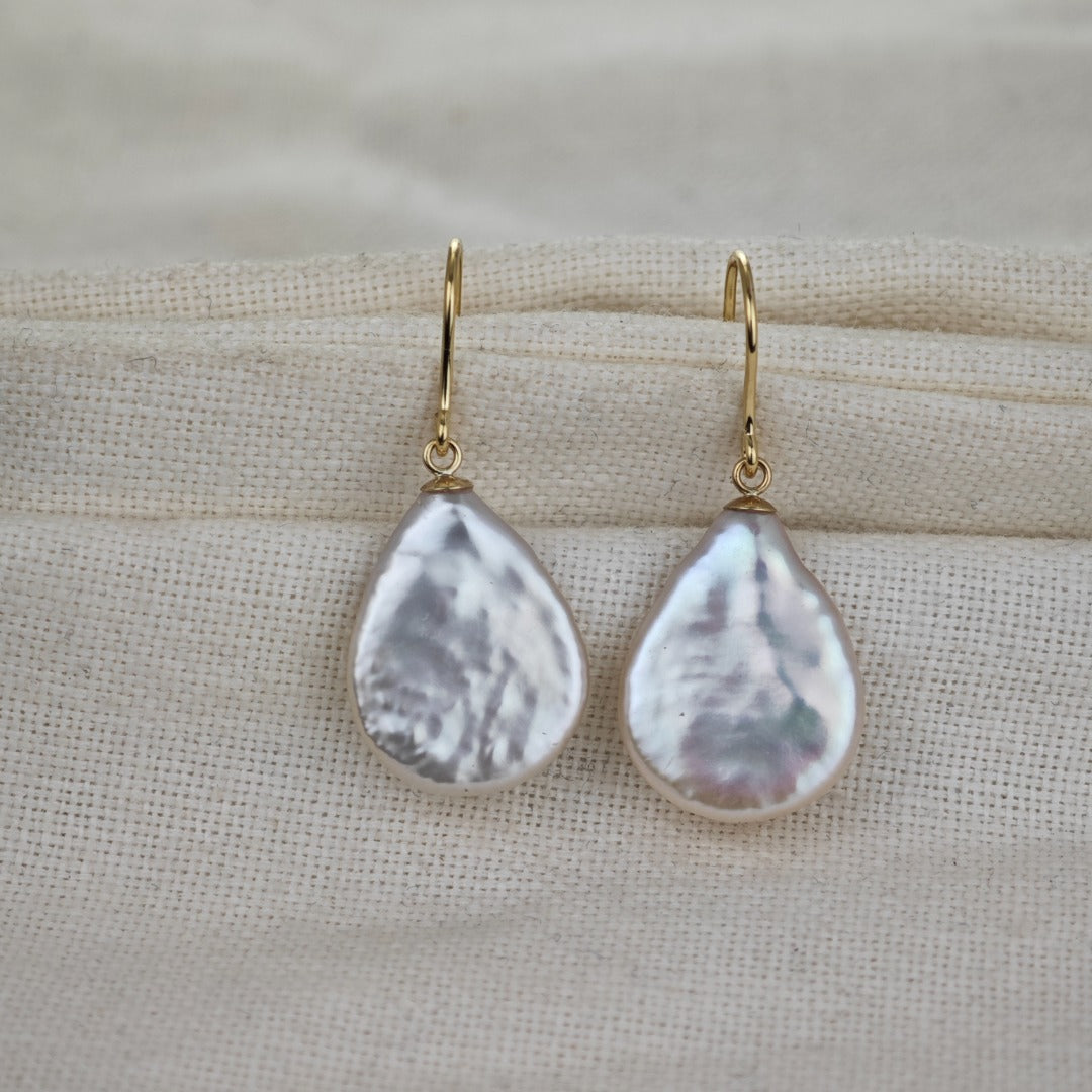 9ct Pearl Dangle Earrings 19mm Ivory Keshi Pear Handmade UK