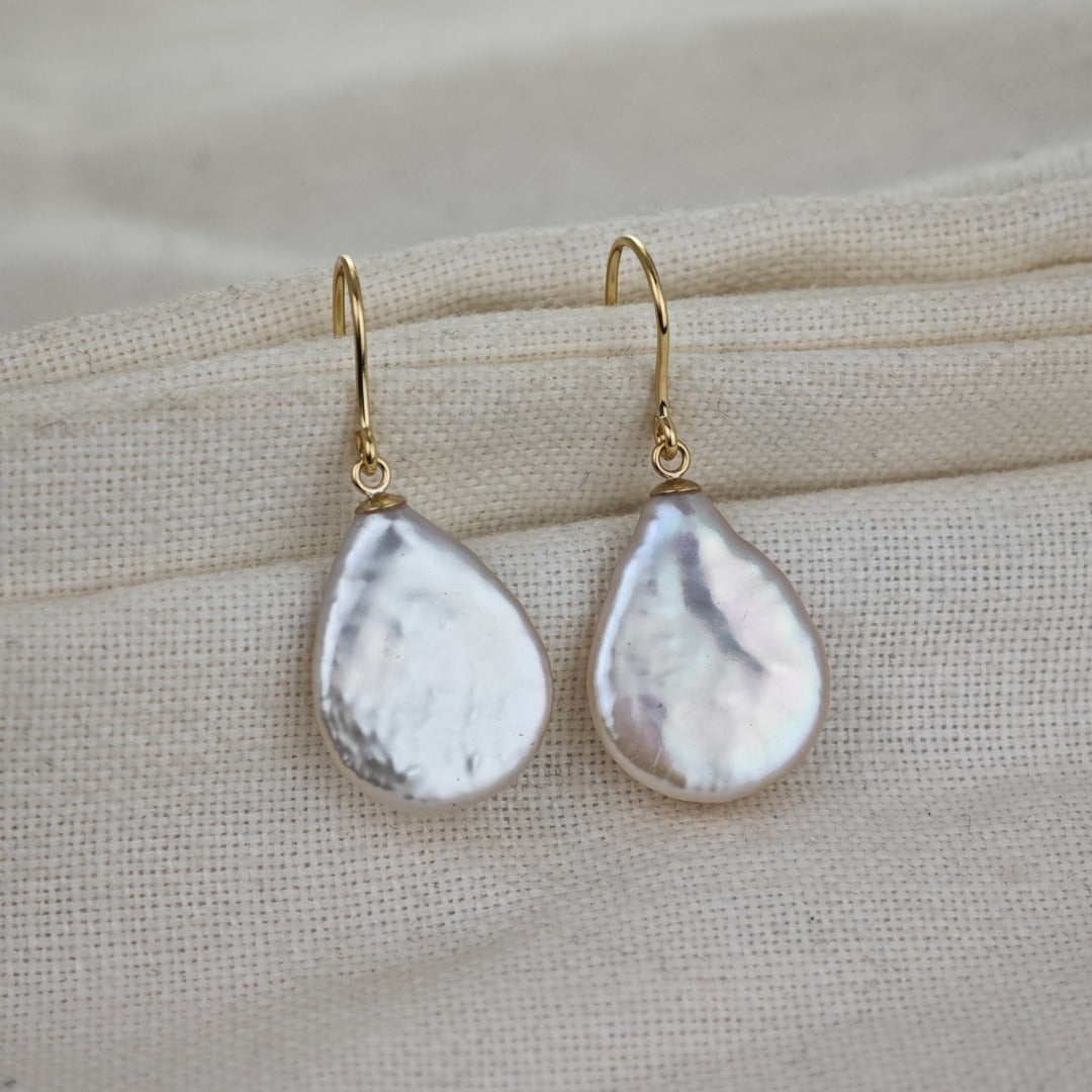 9ct Pearl Dangle Earrings 19mm Ivory Keshi Pear Handmade UK